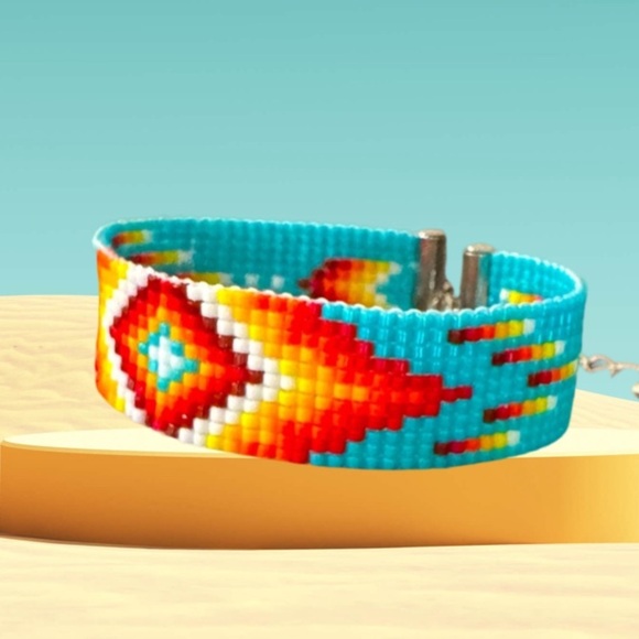 Native American Beaded Bracelet with Diamond Motif - Adjustable Clasp Colorful - Picture 1 of 8